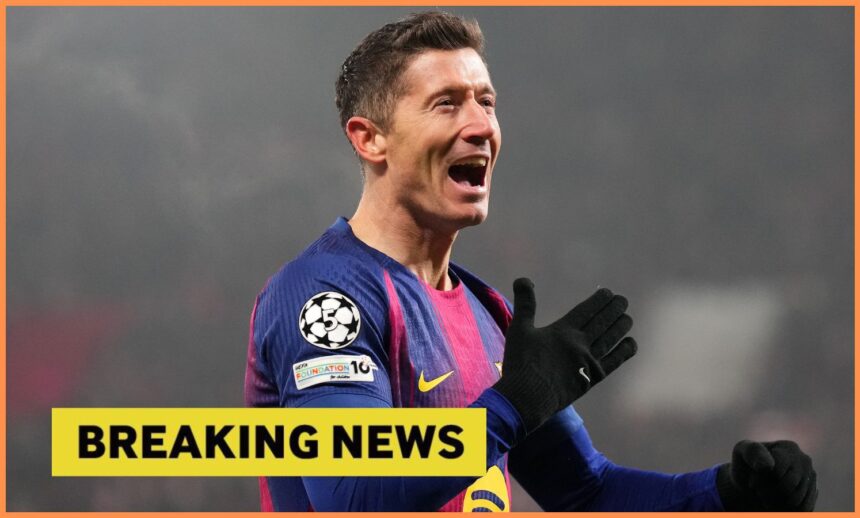 Robert Lewandowski celebrates scoring for Barcelona against Slavia Prague
