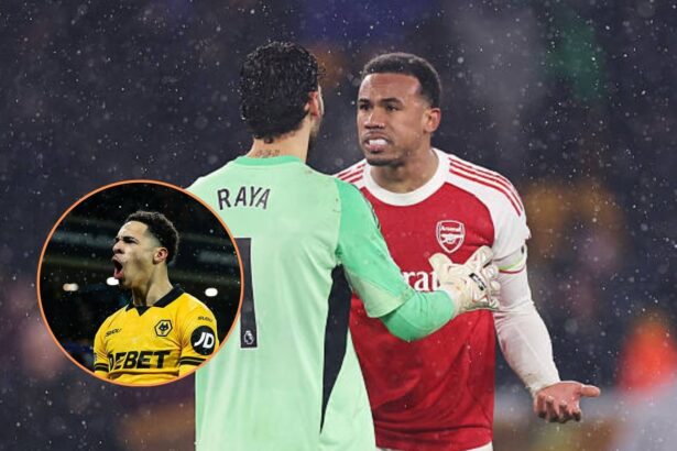 Image of Gabriel Magalhaes screaming at David Raya with overlay of Wolves goalscorer