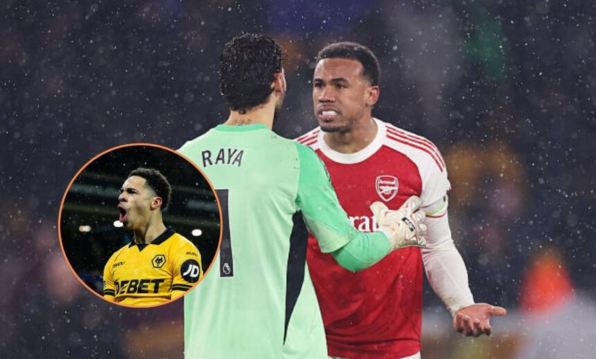 Image of Gabriel Magalhaes screaming at David Raya with overlay of Wolves goalscorer