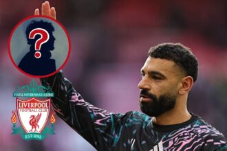 Mohamed Salah thanking Liverpool fans with overlay of Liverpool badge and mystery man