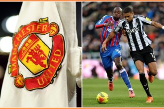 Malick Thiaw in action for Newcastle, and Man United logo