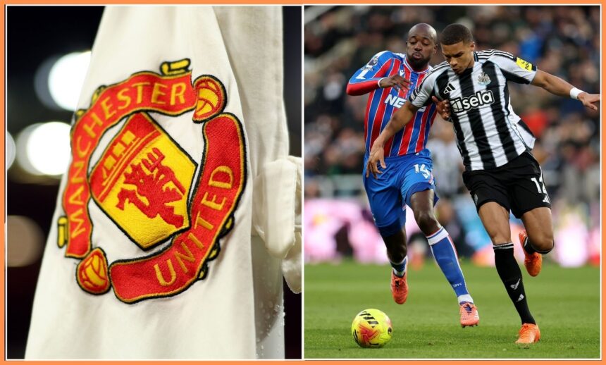 Malick Thiaw in action for Newcastle, and Man United logo