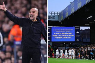 Split image of Pep Guardiola and Elland Road TV screen showing Ramadan pause announcement