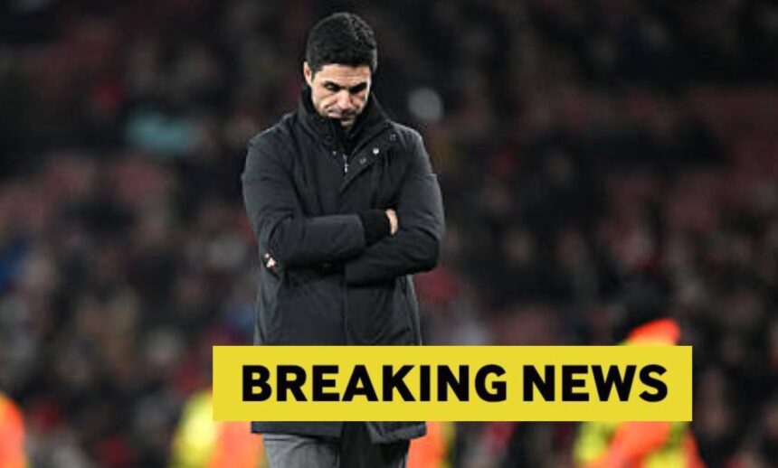Mikel Arteta looking down with overlay of Breaking News