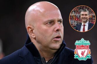 Arne Slot with overlay of Richard Hughes and Liverpool flag