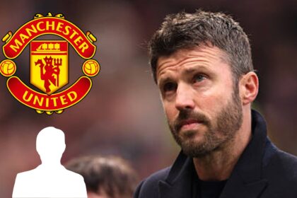 Manchester United manager Michael Carrick looks on with overlay of Man United badge and mystery player