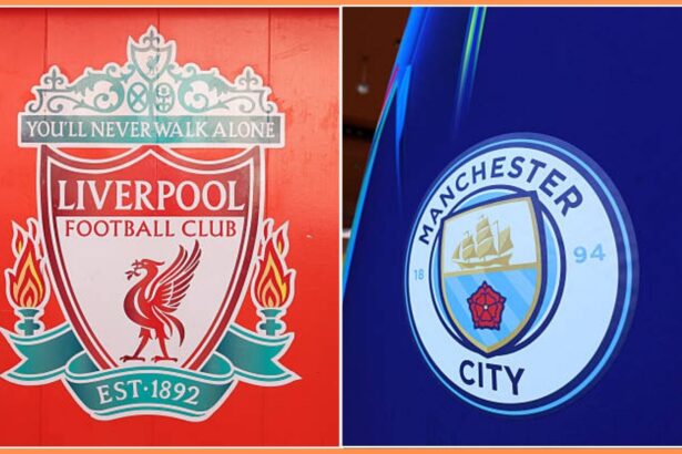 Split image of Liverpool badge and Man City badge