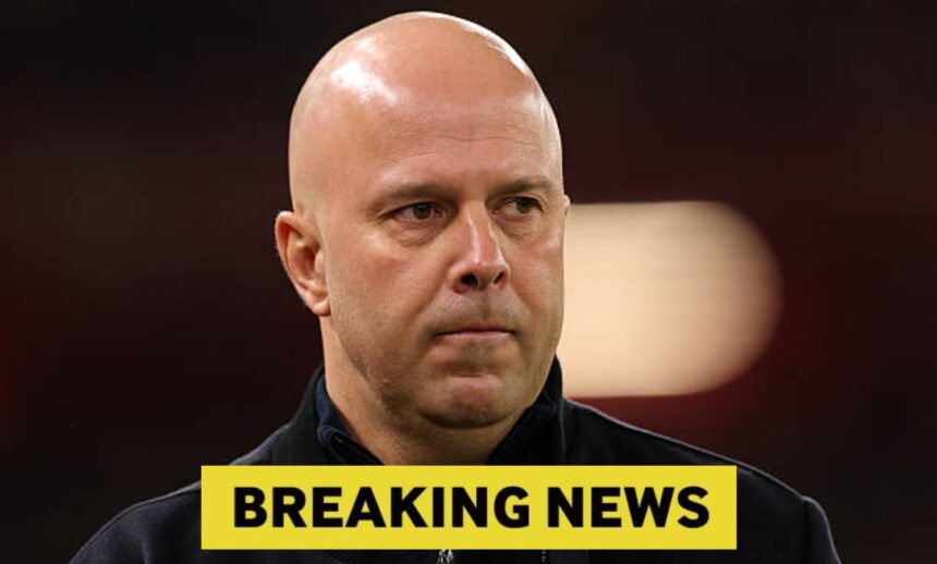 Liverpool manager Arne Slot looks upset with overlay of breaking news