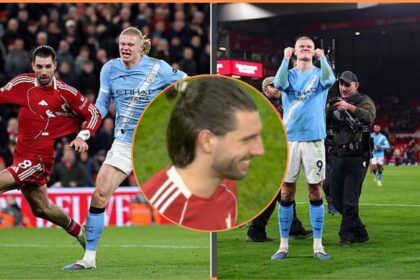 Split image of Erling Haaland celebrating and Dominic Szoboszlai pulling back Haaland with overlay of Szoboszlai anger at referee.