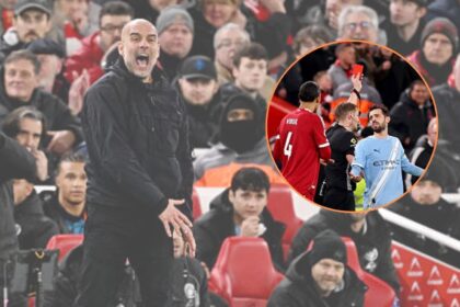 Image of Pep Guardiola vs Liverpool with overlay of Szoboszlai red card