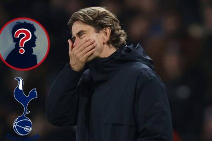 Thomas Frank looking dejected with overlay of Tottenham badge and mystery person
