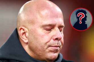 Liverpool manager Arne Slot looking dejected with overlay of mystery player