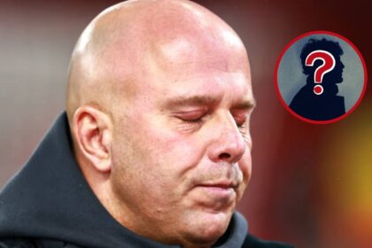 Liverpool manager Arne Slot looking dejected with overlay of mystery player