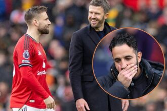 Luke Shaw and Michael Carrick with overlay of Ruben Amorim looking dejected