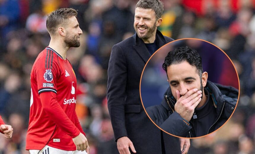 Luke Shaw and Michael Carrick with overlay of Ruben Amorim looking dejected