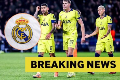 Image of Tottenham players including Cristian Romero with overlay of Real Madrid badge and breaking news