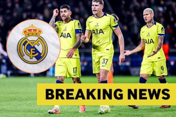 Image of Tottenham players including Cristian Romero with overlay of Real Madrid badge and breaking news