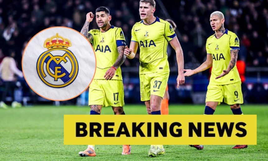 Image of Tottenham players including Cristian Romero with overlay of Real Madrid badge and breaking news