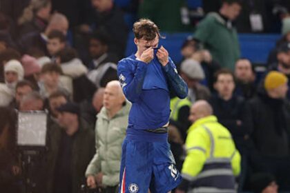 Cole Palmer of Chelsea reacts to his team drawing to Leeds United following the Premier League match between Chelsea and Leeds United at Stamford Bridge