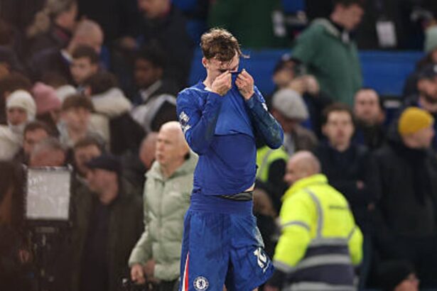 Cole Palmer of Chelsea reacts to his team drawing to Leeds United following the Premier League match between Chelsea and Leeds United at Stamford Bridge