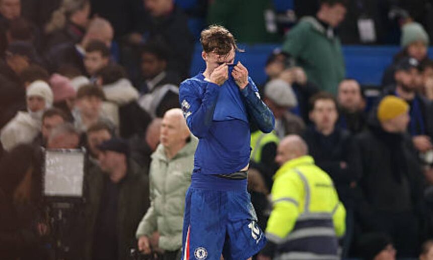 Cole Palmer of Chelsea reacts to his team drawing to Leeds United following the Premier League match between Chelsea and Leeds United at Stamford Bridge