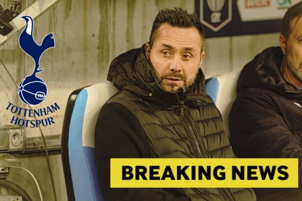 Roberto De Zerbi sitting on the sidelines for Marseille with overlay of Tottenham logo and breaking news