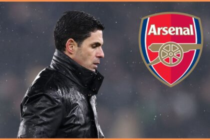 Mikel Arteta and the Arsenal logo