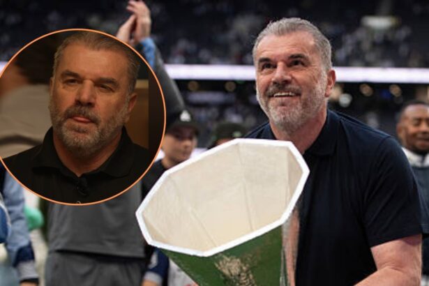 Ange Postecoglou winning the Europa League with overlay of his reaction to Thomas Frank sacking