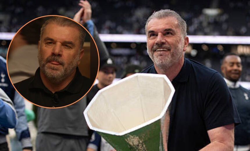 Ange Postecoglou winning the Europa League with overlay of his reaction to Thomas Frank sacking