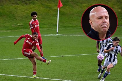 Rio Ngumoha takes a shot with overlay of arne slot