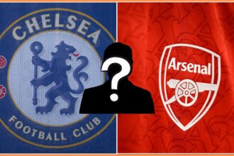 Split image of Chelsea and Arsenal badge with overlay of mystery player