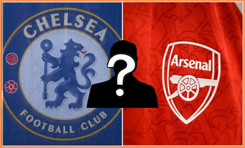 Split image of Chelsea and Arsenal badge with overlay of mystery player