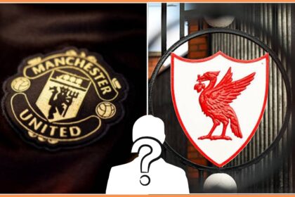 Split image of Manchester United badge and Liverpool crest with overlay of mystery person