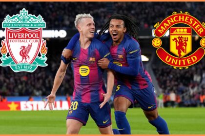 Dani Olmo and Jules Kounde celebrate