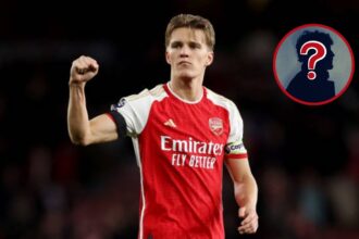 Martin Odegaard celebrating for Arsenal with overlay of mystery player