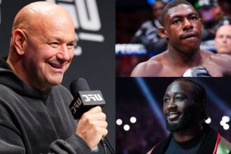 Dana White at a press conference, opposite Joaquin Buckley and Terence Crawford