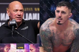 Dana White speaks at the UFC 321 pre-fight press conference, opposite Tom Aspinall in the Octagon at UFC 304