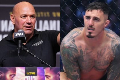 Dana White speaks at the UFC 321 pre-fight press conference, opposite Tom Aspinall in the Octagon at UFC 304