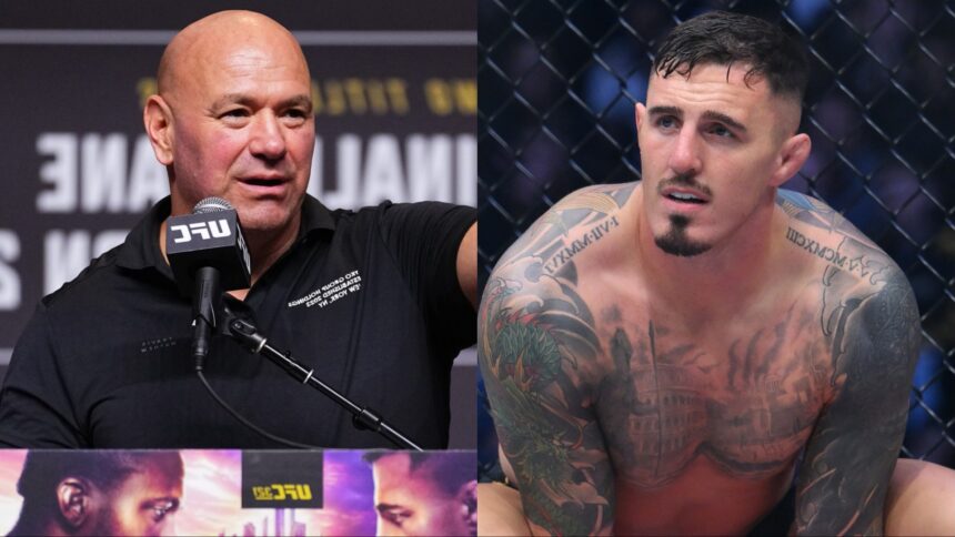 Dana White speaks at the UFC 321 pre-fight press conference, opposite Tom Aspinall in the Octagon at UFC 304