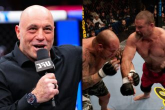 Joe Rogan in the Octagon at UFC 325, opposite Tank Abbott fighting Wesley Correia