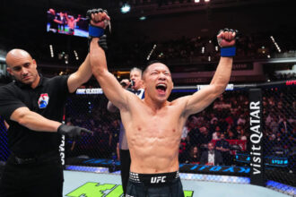 Kyoji Horiguchi celebrates win in UFC return
