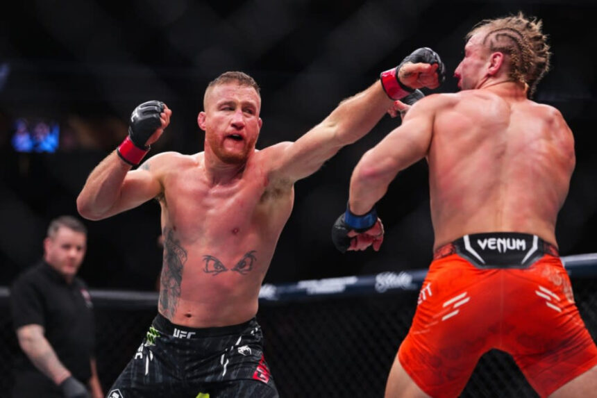 Justin Gaethje punches Paddy Pimblett at UFC 324