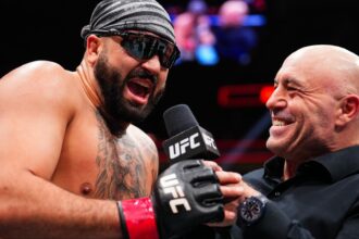 Josh Hokit speaks with Joe Rogan after a win at UFC 324