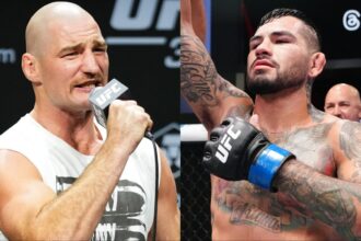 Sean Strickland speaks at the UFC 312 press conference, opposite Anthony Hernandez after his win over Roman Dolidze