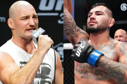 Sean Strickland speaks at the UFC 312 press conference, opposite Anthony Hernandez after his win over Roman Dolidze