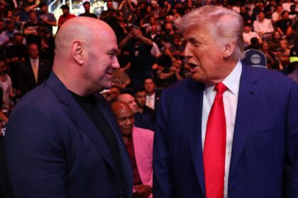 Dana White and Donald Trump speaking cageside at UFC 316
