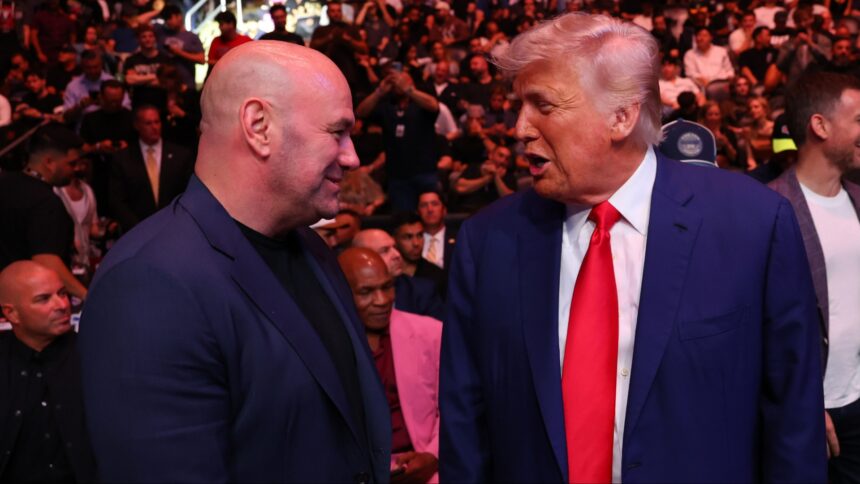 Dana White and Donald Trump speaking cageside at UFC 316