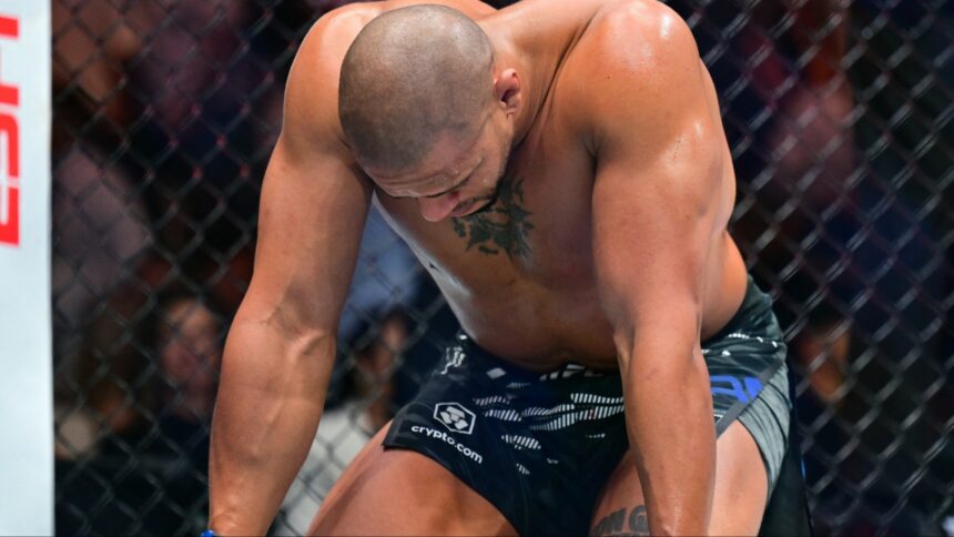 Ciryl Gane reacts after his fight against Tom Aspinall is ruled a no contest