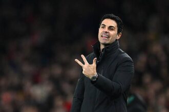 Mikel Arteta, Manager of Arsenal, looks on prior to the UEFA Champions League 2025/26 League Phase MD8 match between Arsenal FC and FC Kairat Almaty at Arsenal Stadium