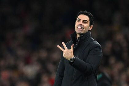 Mikel Arteta, Manager of Arsenal, looks on prior to the UEFA Champions League 2025/26 League Phase MD8 match between Arsenal FC and FC Kairat Almaty at Arsenal Stadium